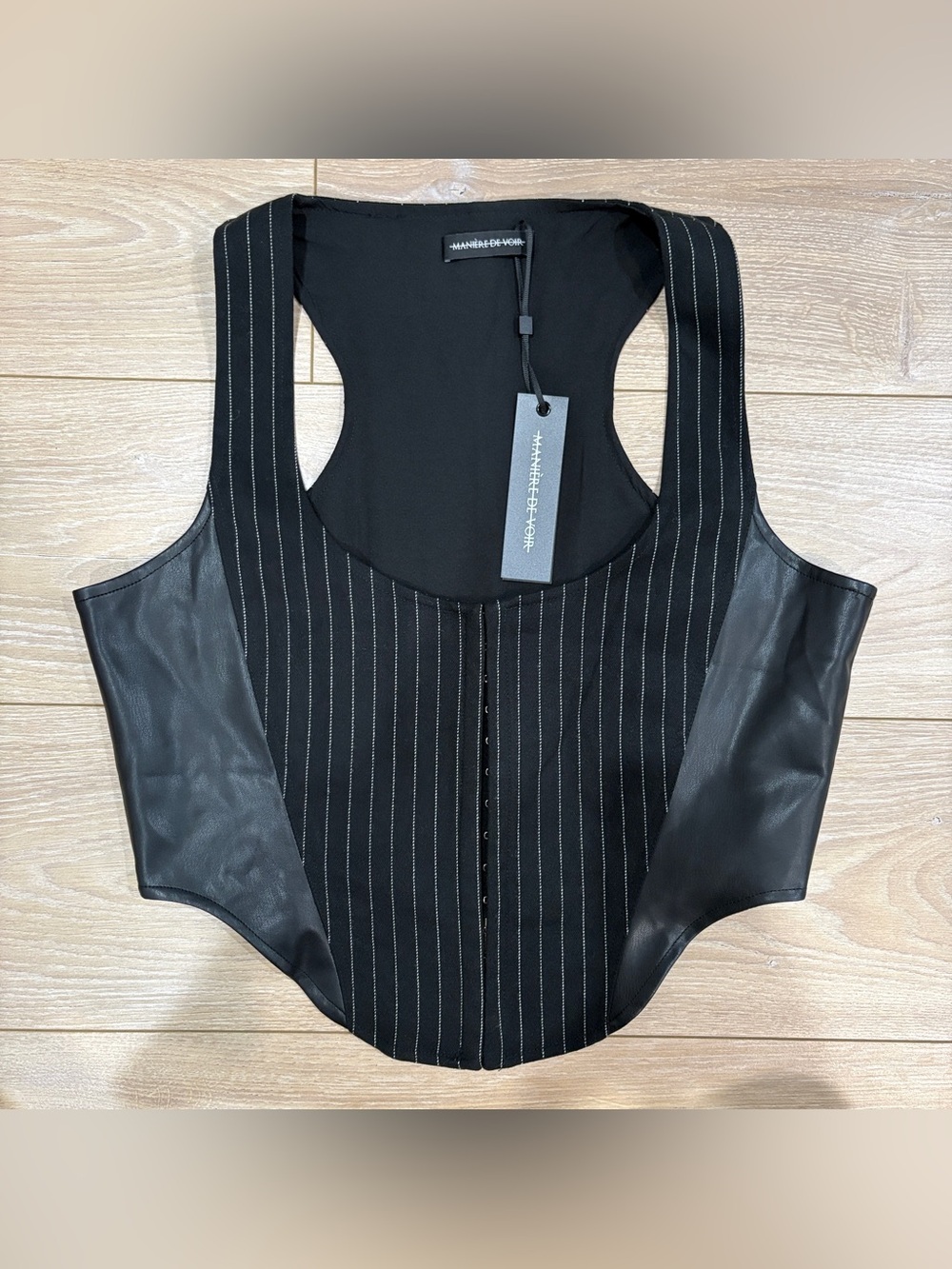 NWT Maniere De Voir Black Pinstripe Structured Corset Top Vest Size 12